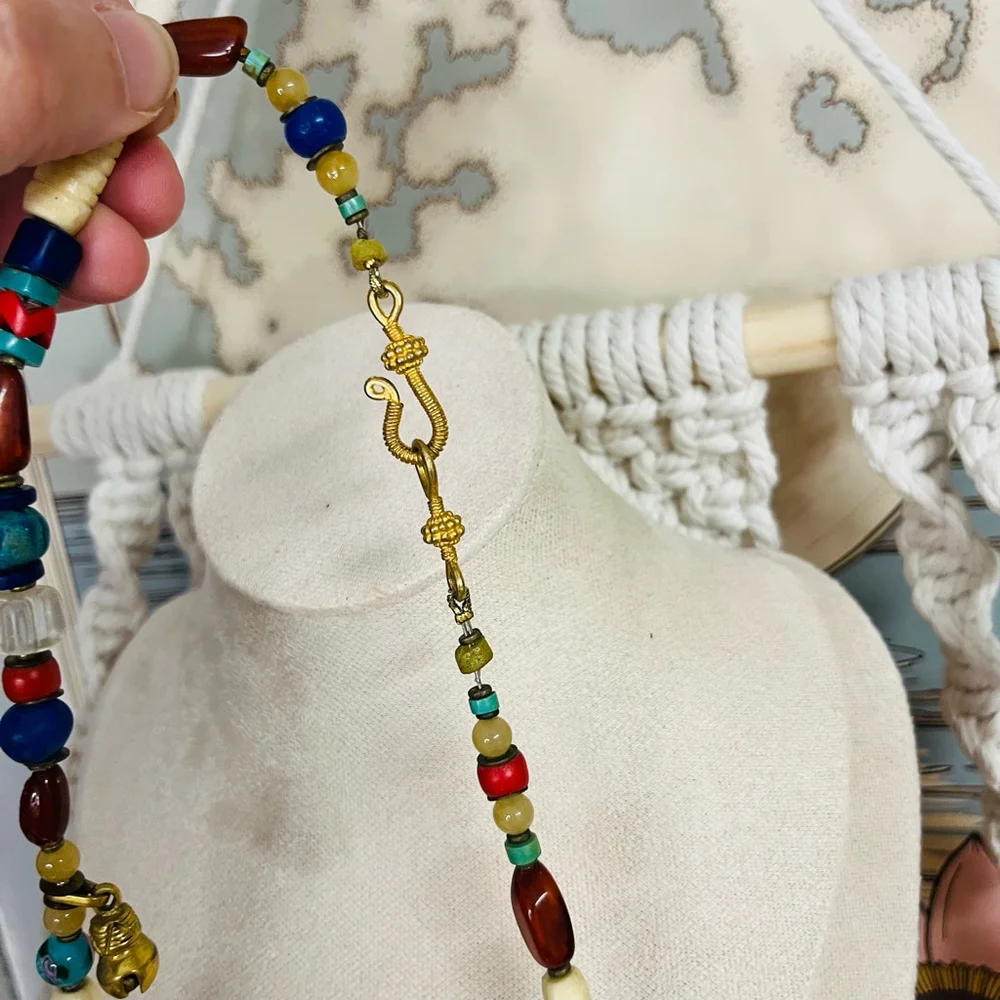 Vintage Tribal Prayer Necklace‎ | Gemstone Beads Brass Pendant | India